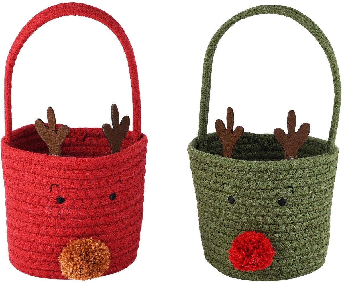 Dekoratief | Mandje rendier m/gewei, rood/groen, katoen, 15x15x17cm, set van 2 stuks | A265906