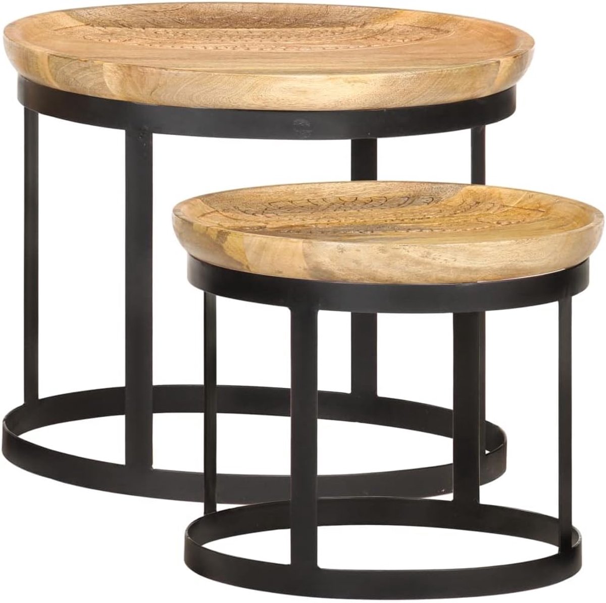 Set van 2 Ronde Bijzettafels - Massief Mangohout en Staal - Industriële Stijl