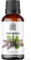 Bruine glazen fles van 50ml Happy Lotus patchouli etherische olie met druppelflesdop en patchouli plantafbeelding.