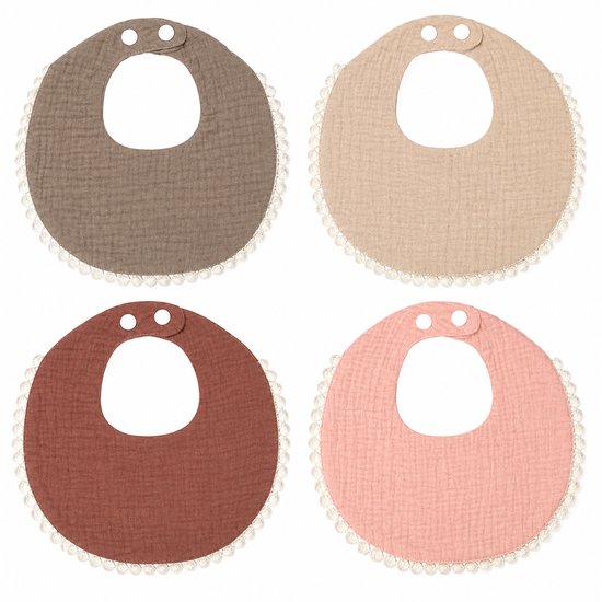 Slabbetjes - 4 stuks - Hydrofiel katoen - Ronde kwijlslabbetjes - Baby en peuter - Taupe - Beige - Roest - Roze — afbeelding 2