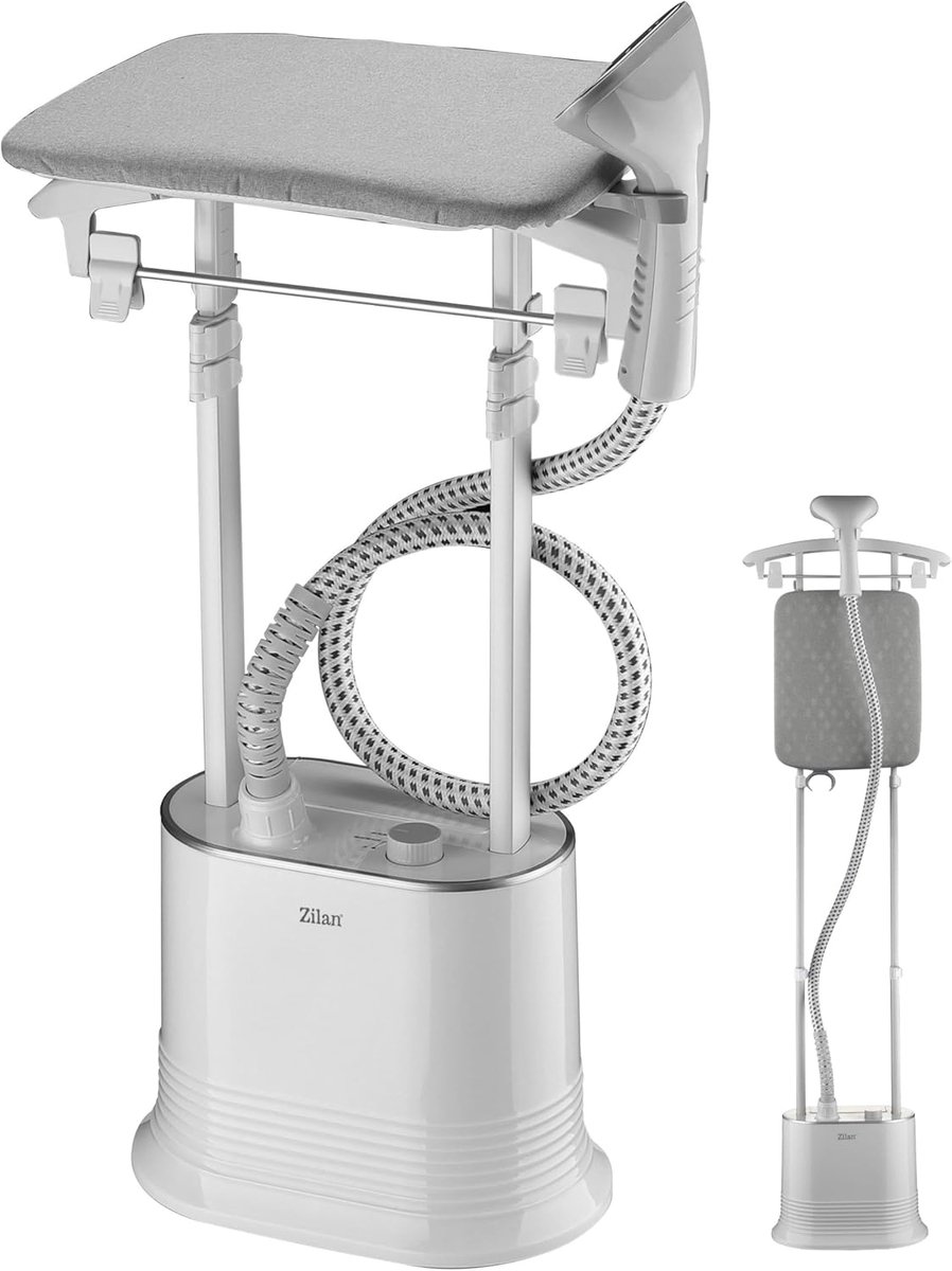 Staande kledingstomer - Stoomstrijkijzer textiel - Kreukels verwijderen - 2-in-1 strijkplank functie - 1.7 liter reservoir - Grijs