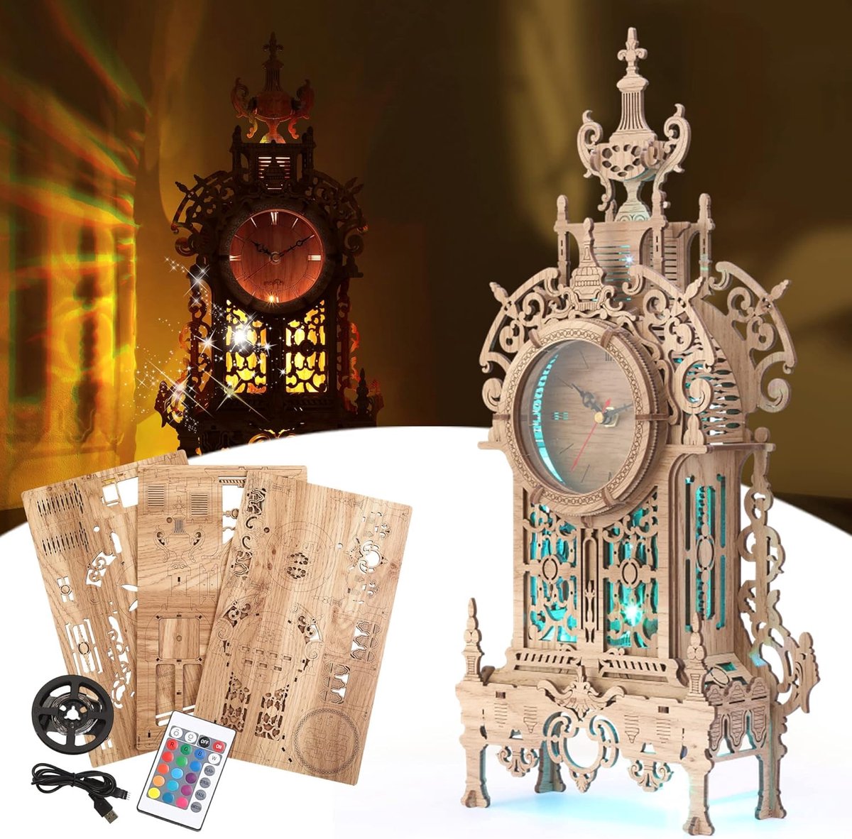 DIY Houten 3D Puzzel Torenklok met LED Verlichting - Desktop Model Bouwpakket