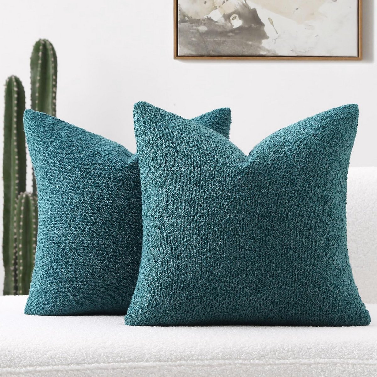 Set van 2 Groenblauwe Bouclé Sierkussenslopen 50x50 cm voor Bank en Woonkamer
