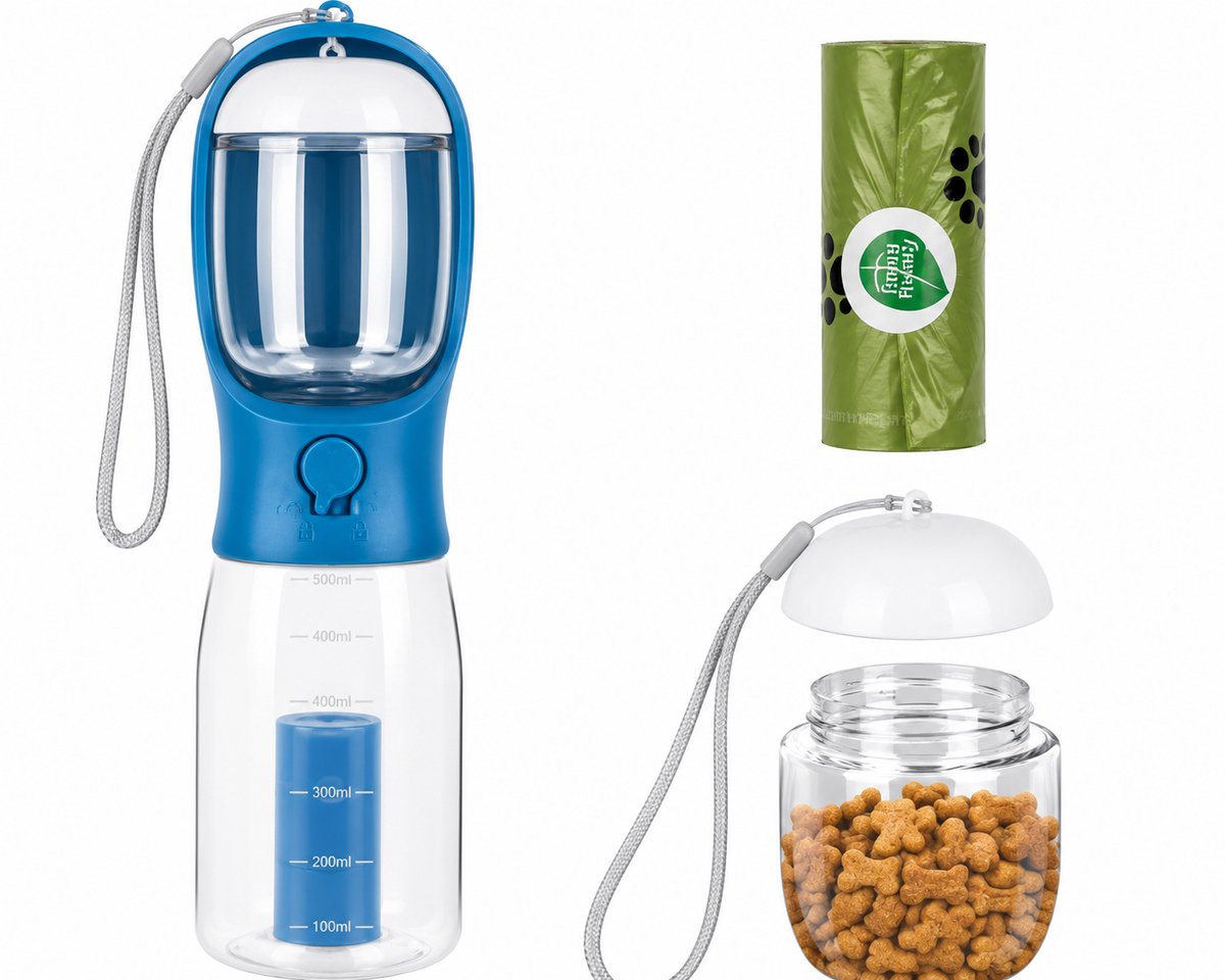 3-in-1 drinkfles voor huisdieren inclusief voerbak | Lekvrij ontwerp met poepzakjesdispenser