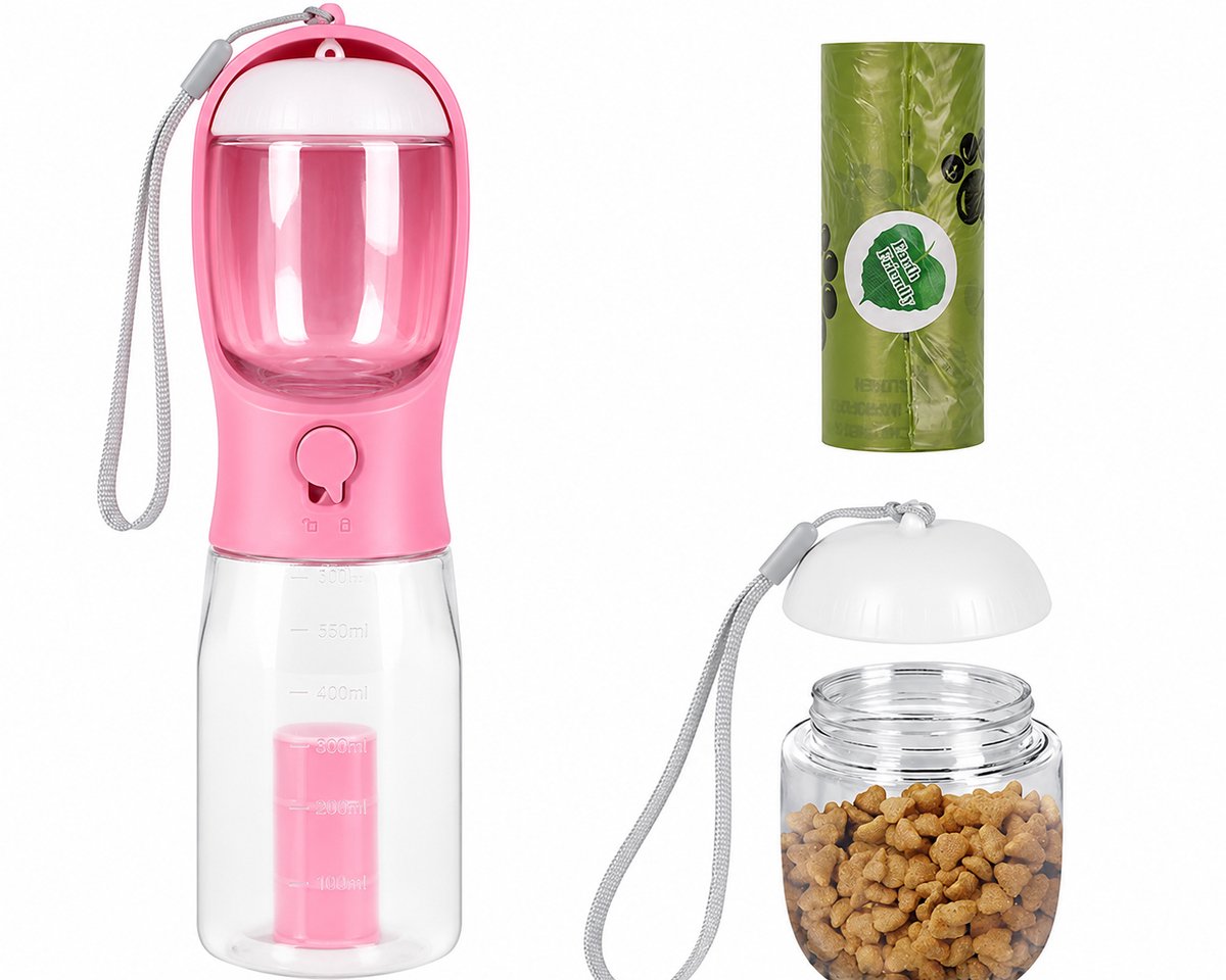 3-in-1 drinkfles voor huisdieren inclusief voerbak | Lekvrij ontwerp met poepzakjesdispenser