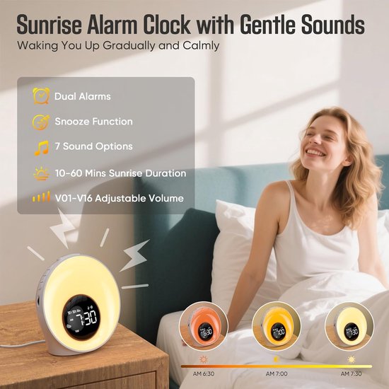Wake Up Light - Wekker Slaapmachine - Rustig Ontwaken - Simuleert Zonsopgang - 10x10 mm - Wit van Wake-up Light — afbeelding 4
