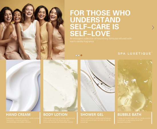 Vijf lachende vrouwen in pastelkleurige jurken, met productafbeeldingen van handcrème, bodylotion, douchegel en bubbelbad.