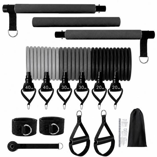 Pilates Bar Set met Weerstandsbanden – Fitness Bar voor Thuis – 9,1 kg, 13,6 kg & 18,1 kg Weerstand – Zwart