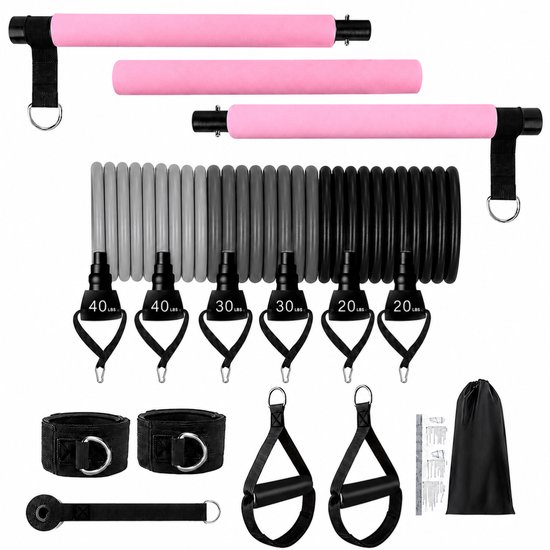 Pilates Bar Set met Weerstandsbanden – Fitness Bar voor Thuis – 9,1 kg, 13,6 kg & 18,1 kg Weerstand – Roze