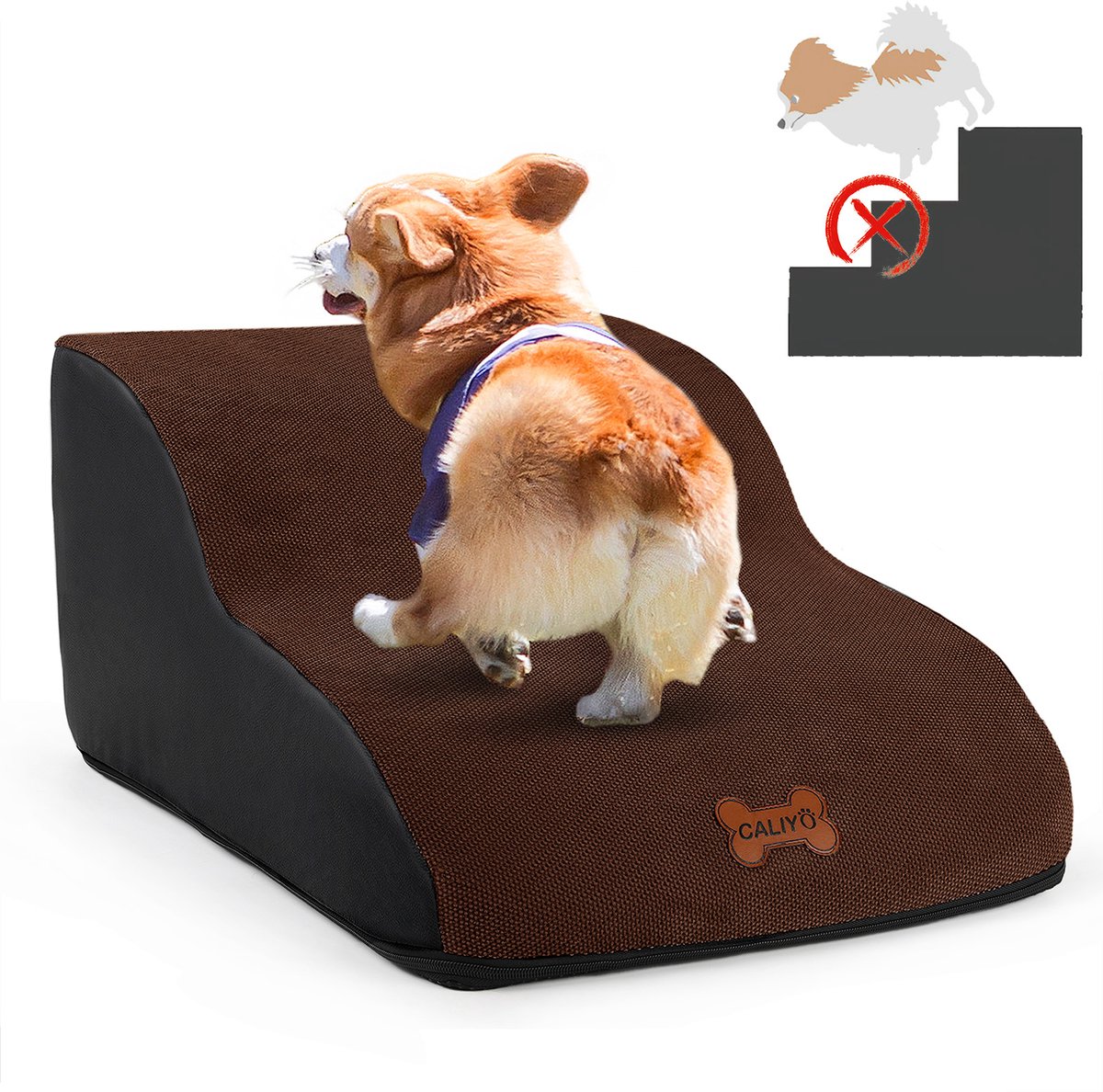 CALIYO Hondentrap - Trap Hond 2 Treden – 40x55x26 cm - Hondentrapje voor Honden - Hondenloopplank - Opstapje Hond - Foam - Bruin