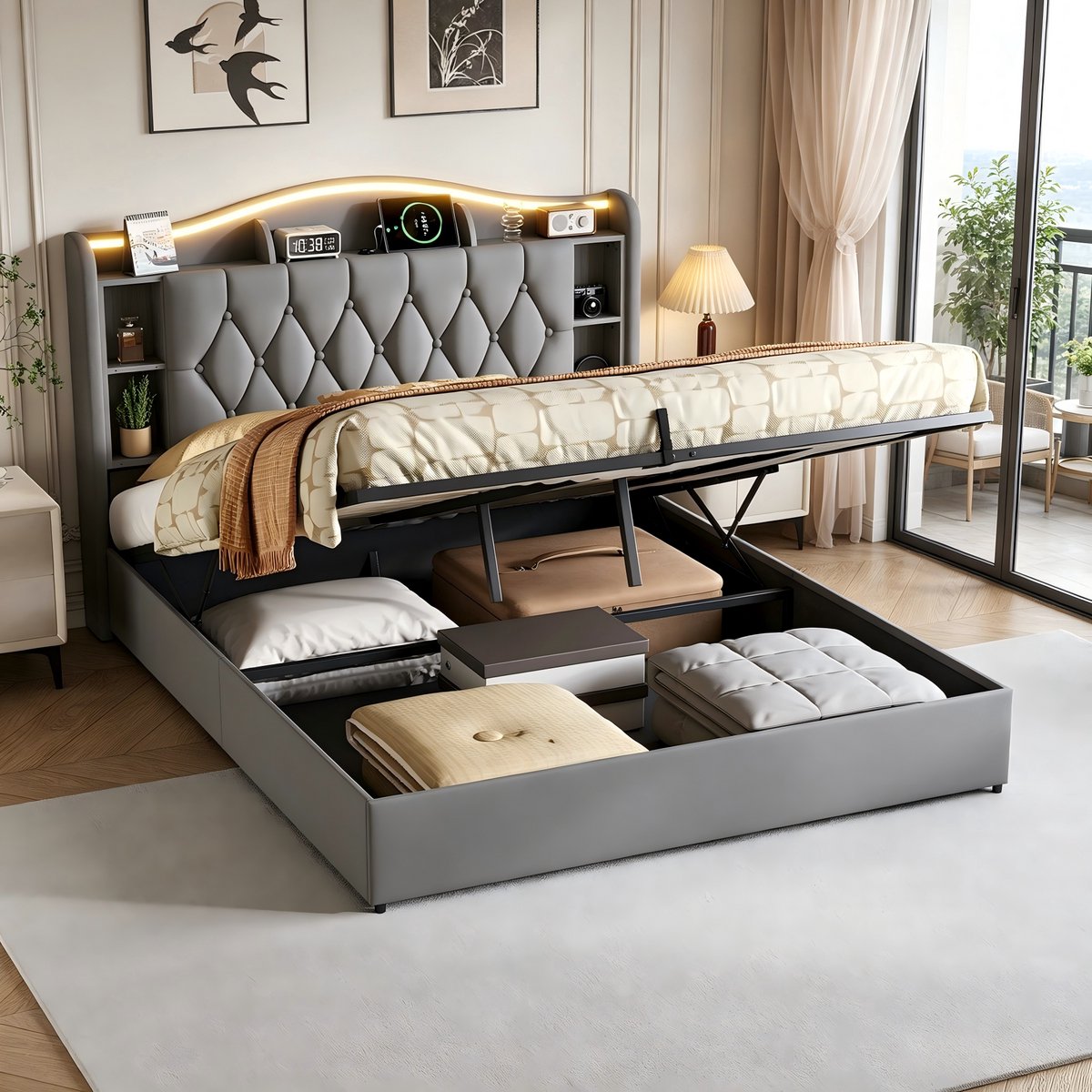 Gestoffeerd Bed 160x200 cm - Met Led Verlichting en USB -Type C - Opbergbed - Tweepersoonsbed - Bedframe met Lattenbodem - Met Stopcontacten - Hydraulische Hendel- Fluweel Grijs - Zonder Matras