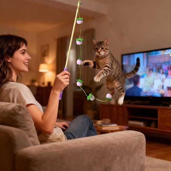 Cat Wand Toy - 15.75in Caт Pole Toy - Interactive Cat Teaser Wand For Kittens And Indoor Cats, Durable Cotton Rope Stick With Non-slip Handle, Stimulates Hunting Instincts, 17g Lightweight — afbeelding 4