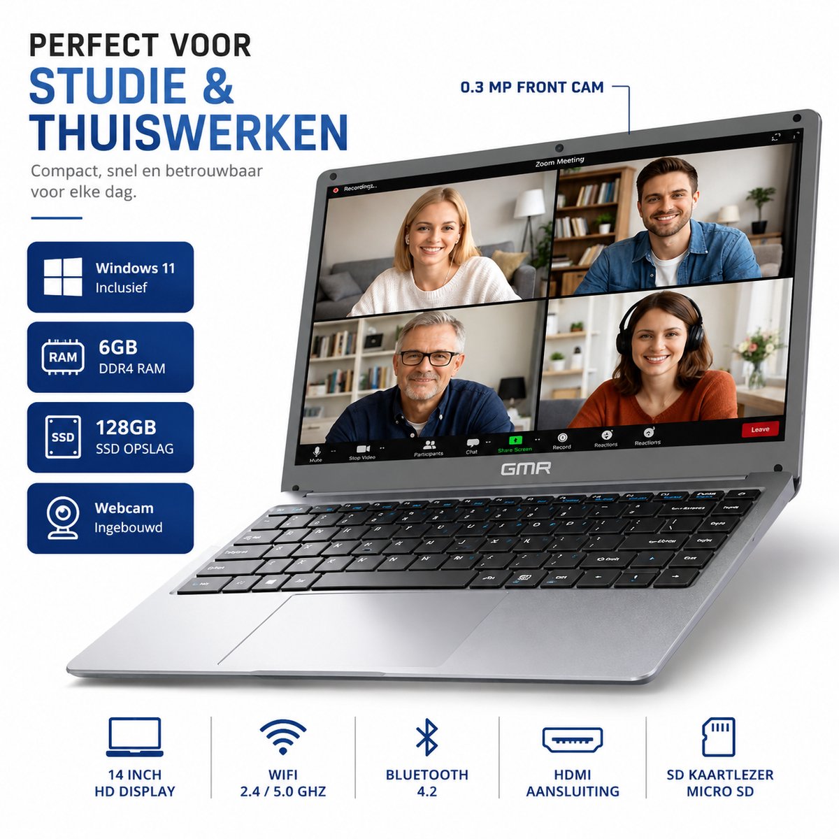 Laptop 14 Inch - Windows 11pro - Intel Celeron N4000 - 6GB RAM - 128GB SSD - GMR Notebook voor Studie, School, Office, Internet, E-mail en Thuiswerken - Studenten Laptop - Compacte Werk Laptop thumbnail 4