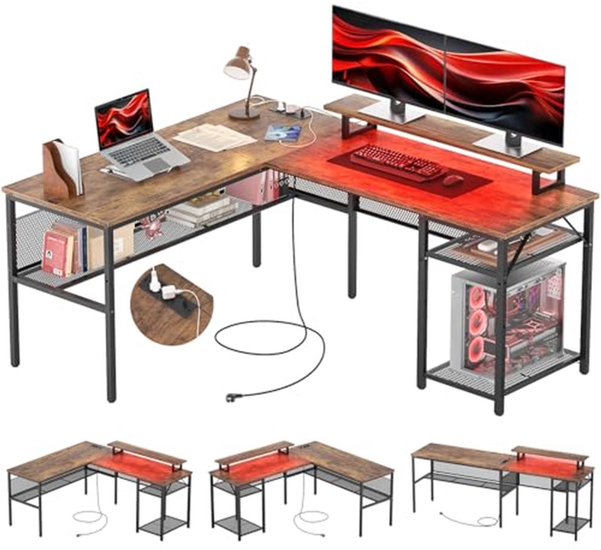L-vormig Gamingbureau met Opbergruimte, Computerbureau voor Thuis en Kantoor, Flexibel Hoekbureau, 140 x 115 cm