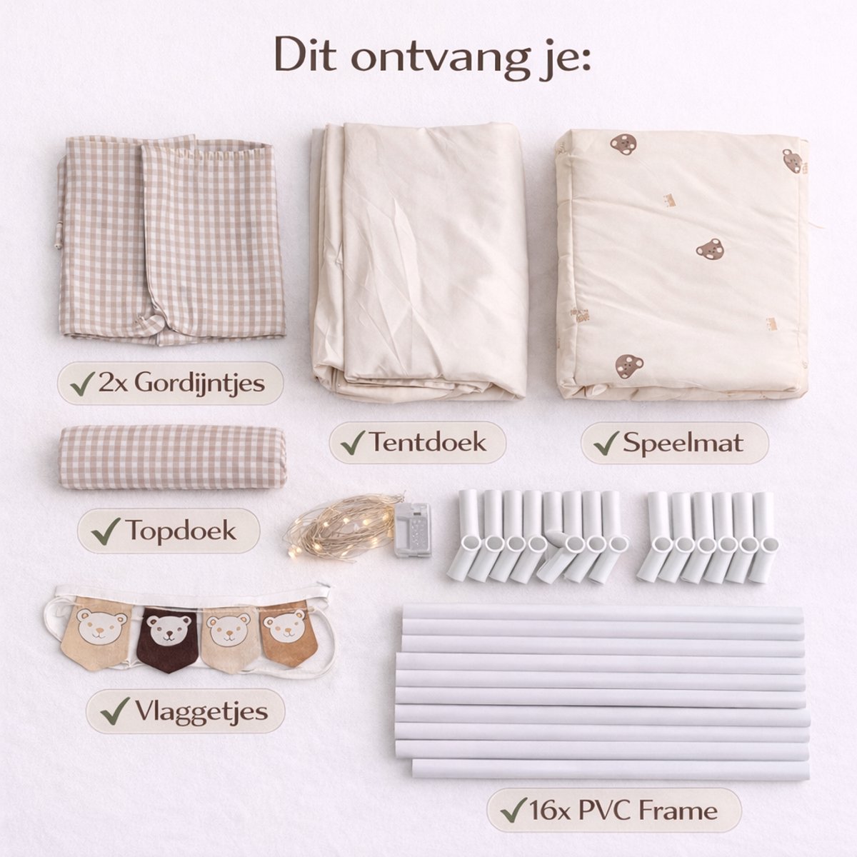 Fluvio Speeltent Kinderen – Speelhuisje Binnen met Lichtjes, Speelmat & Gordijntjes – Tipi Tent Jongens en Meisjes – Kinder Tent Beige - 120x80x128 cm — afbeelding 7