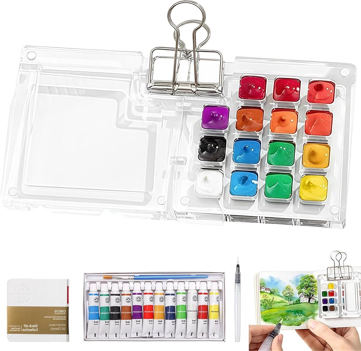 Mini Mold Aquarel Set - Pocket Watercolor Set met Transparant Nano Palet en Houten Mengpalet voor Schilderen