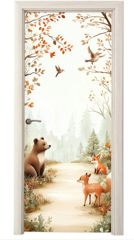 Deurposter 90x205 cm - Deursticker Bos - Herfst - Bosdieren - Beer - Vos - Meubelfolie zelfklevend - Deurfolie woonkamer - Interieurfolie kinderkamer - Kamer decoratie - Babykamer accessoires - Deurbehang sticker