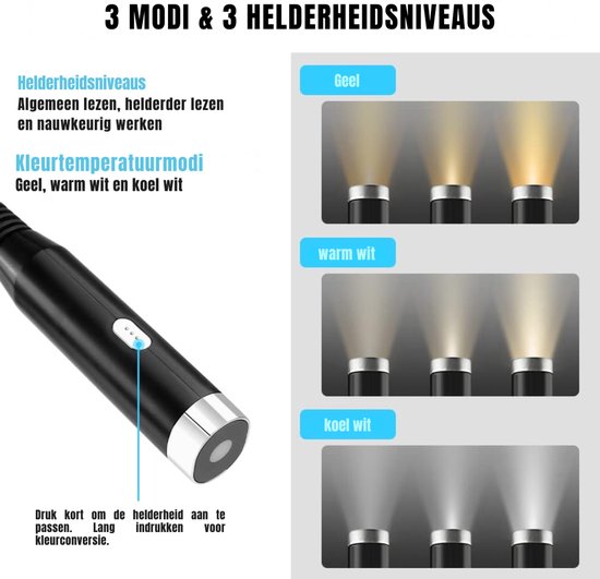 SVN®Nekleeslamp - Leeslampje voor Boek - Neklamp met 3 Lichtstanden - LED Verlicht - 3 Kleuren - Extra Licht - Zwart - 19cm x 13cm x 3cm; 108.3 g van Merkloos — afbeelding 3
