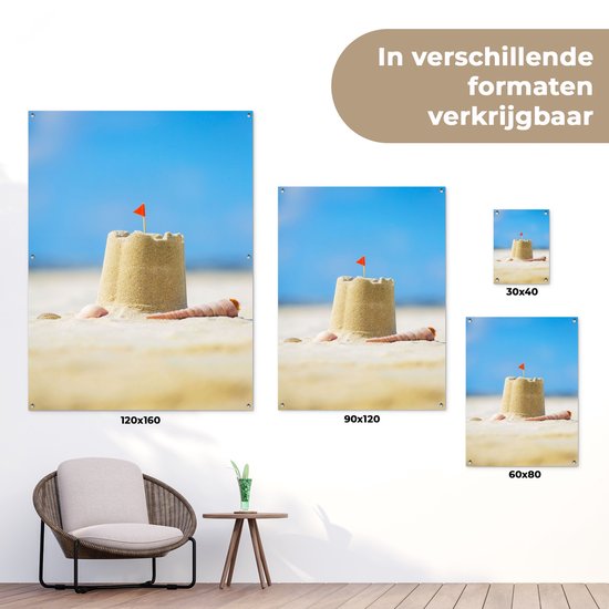 Affiche de jardin - Plage - Zandkasteel - Coquillages - Drapeau - Été - 90x120 cm - Décoration murale extérieur - Toile jardin - Décoration de jardin - Jardin
