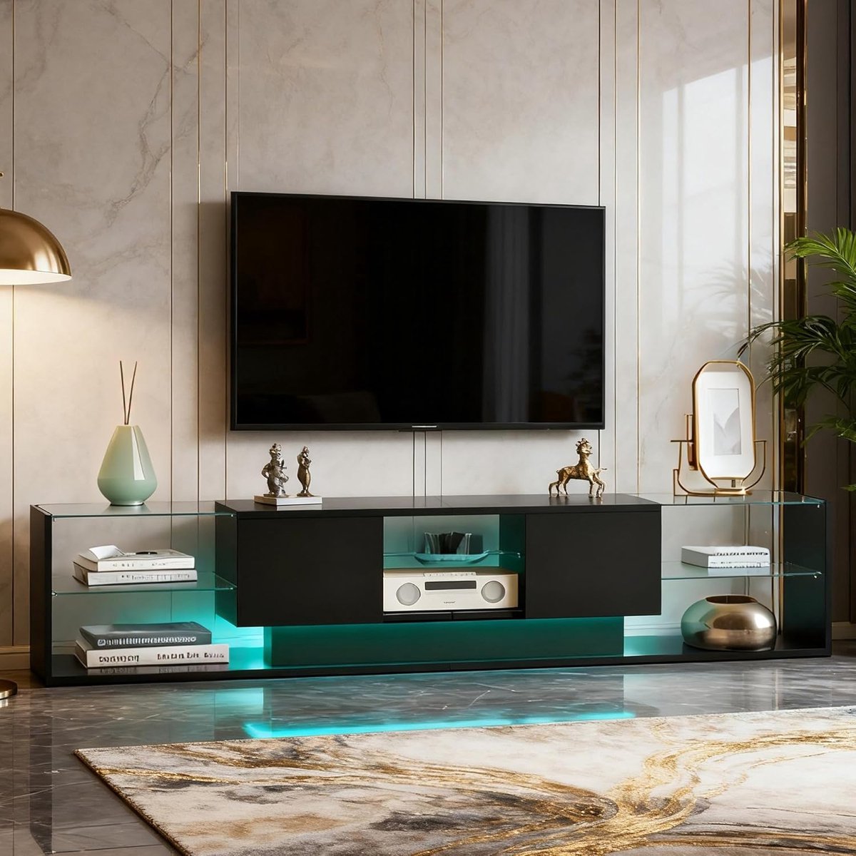 Luxe Modern LED TV-Meubel 200 cm met Opbergruimte, Glasdesign en LED Verlichting – TV Dressoir Woonkamer & Slaapkamer