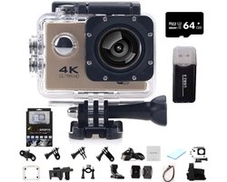 4K-actiecamera, verbeterde versie 2026 met 170° ultragroothoeklens en wifi, waterdichte sportvideocamera voor buiten, geschikt voor fotografie en duiken (goud, 64 GB)