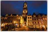 Tuinposter 180x120 cm - Tuindecoratie Nacht - Domtoren - Utrecht - Poster voor in de tuin - Buiten decoratie - Schutting tuinschilderij - Tuindoek muurdecoratie - Wanddecoratie balkondoek