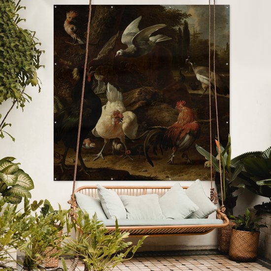 Tuinposter 200x200 cm - Tuindecoratie Vogels in een park - Schilderij van Melchior d'Hondecoeter - Poster voor in de tuin - Buiten decoratie - Schutting tuinschilderij - Tuindoek muurdecoratie - Wanddecoratie balkondoek