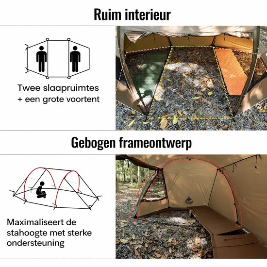 Sello! tunneltent - tent - 2 personen - 4-seizoenen - bushcraften - 3000mm waterdicht - snel op te zetten - kachelgat - lichtgewicht, 4.2kg - L428 x B143 x H149 - beige van Merkloos — afbeelding 4