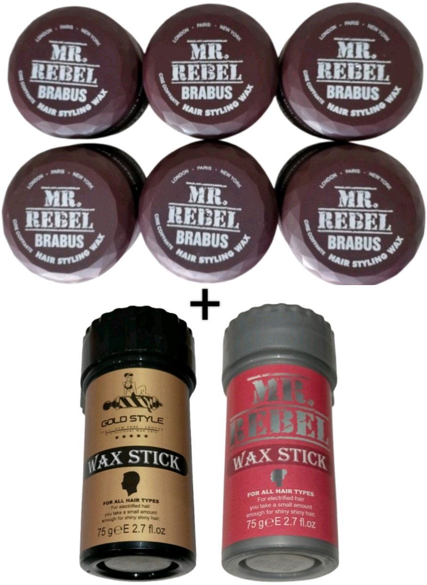 MR.Rebel Brabus Haar Styling wax "voordeelpak" (6 stuks) 900ml + goldstyle en mr.rebel waxstick 2x 75 gram
