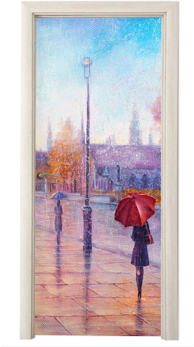 Deurposter 85x205 cm - Deursticker Schilderij - Olieverf - Londen - Telefoon - Meubelfolie