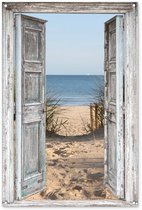 Tuinposter - Doorkijk - Duinen - Strand - Gras - Planten - Zee - 80x120 cm - Schuttingdoek - Tuinschilderij