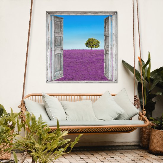 Affiche de jardin - Violet - Lavande - Arbre - Vue - Jardin - 100x100 cm - Décoration clôture - Peinture jardin - Tissu jardin