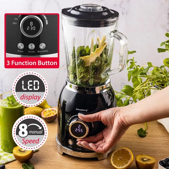 Klausberg - Blender - Smoothie Maker met LED Display - IJscrusher - Glazen Blender met 6 RVS Messen - Smoothie Blender met Timer - Keuken Blender 8 Snelheden - Crushed Ice Mixer - 1.5L - 600W - Zwart van Merkloos — afbeelding 4