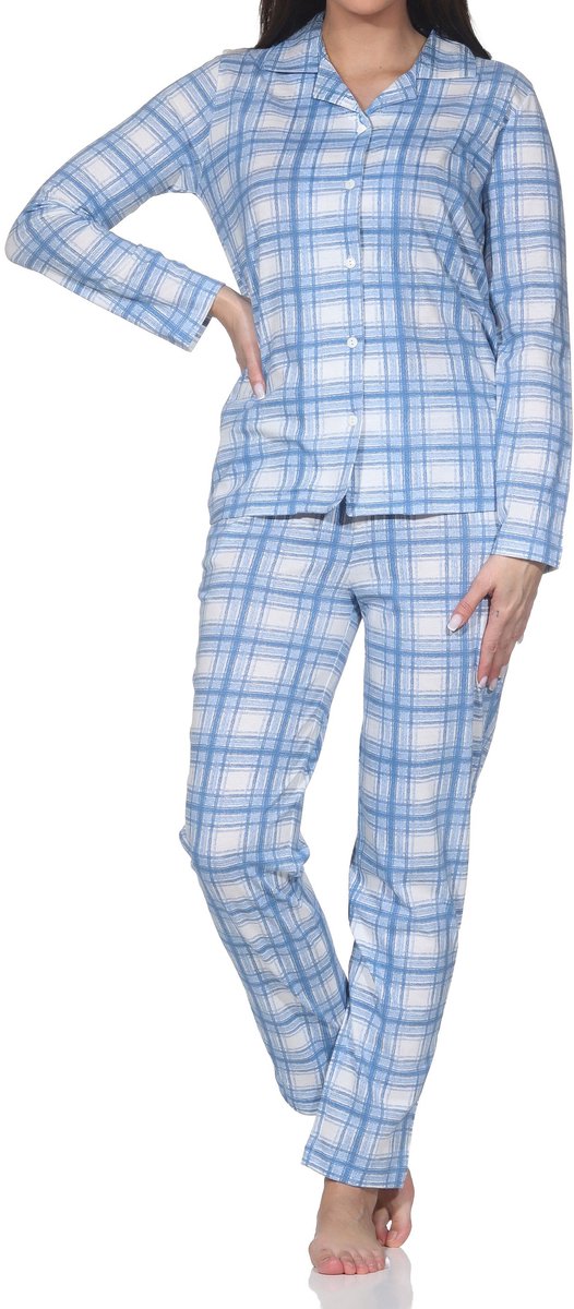 Normann dames jersey pyjama lange mouw knoopsluiting in ruitlook - ook in grote maten blau