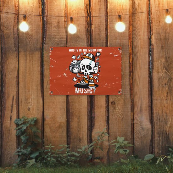 Tuinposter 60x40 cm - Tuindecoratie Vintage - Schedel - Muziek - Poster voor in de tuin - Buiten decoratie - Schutting tuinschilderij - Tuindoek muurdecoratie - Wanddecoratie balkondoek