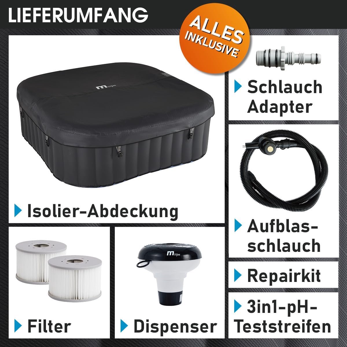 Opblaasbare Hottub Spa 185x185 cm – 930L – 132 Jets – 240V Verwarming – 6 Personen – Vierkante Jacuzzi met Timer, Diep Design (86 cm) & Bubble Massage – Laura