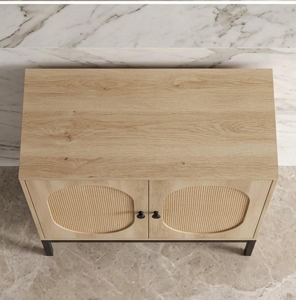 Boho Rattan Dressoir Kast met 2 Deuren en Open Plank – Stijlvolle Sideboard Kommode met Metaal Poten – Smalle Opbergkast voor Woonkamer, Eetkamer, Hal & Keuken – MDF Hout – Lichtkleur – 93 cm Hoog-Mobili Bella