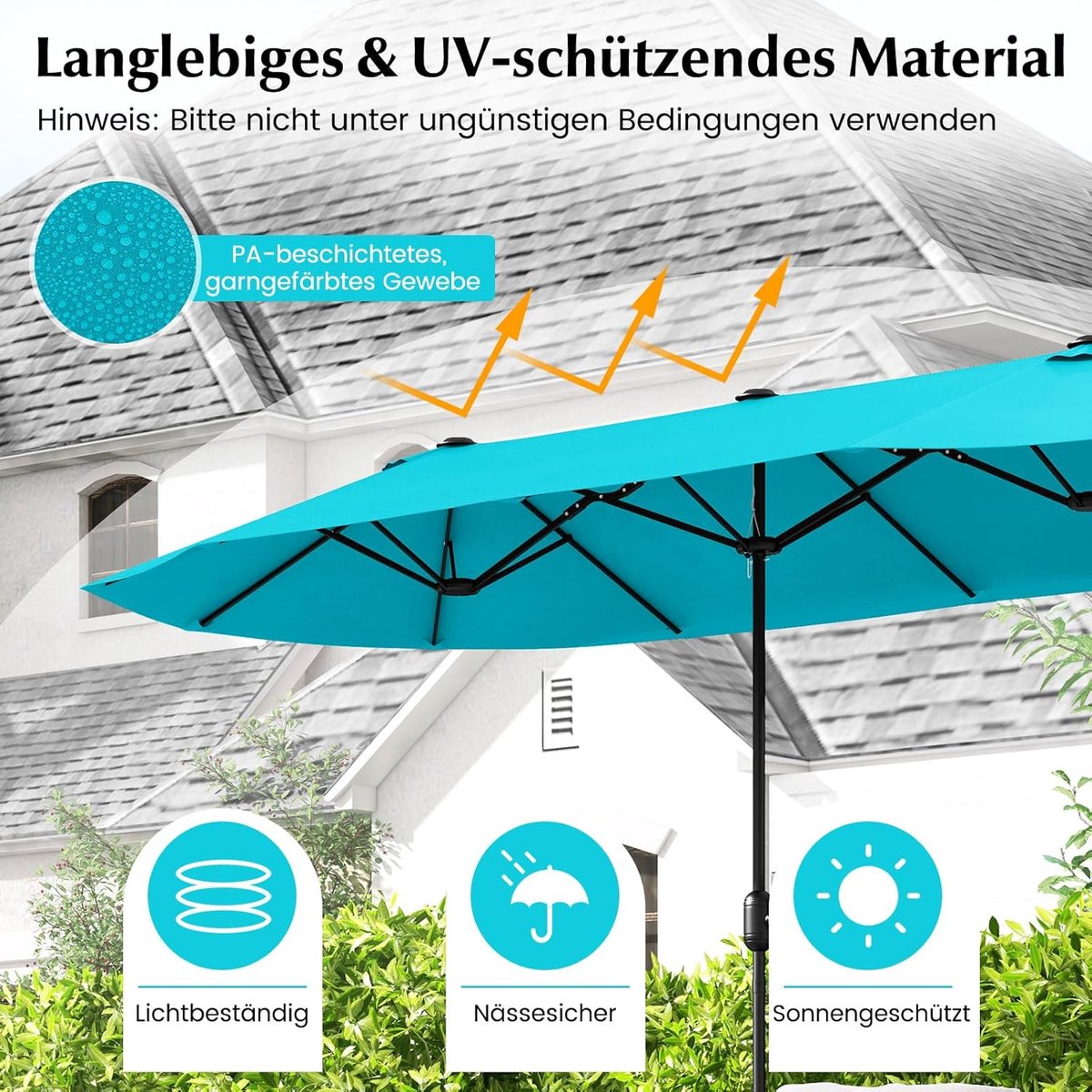 Dubbele Tuinparasol XXL 400x200 cm – Grote Ovale Parasol met Standaard, Zwengel & UV50+ Bescherming – Windbestendig & Waterafstotend – Terras, Tuin & Horeca – Turquoise – Nicolehome