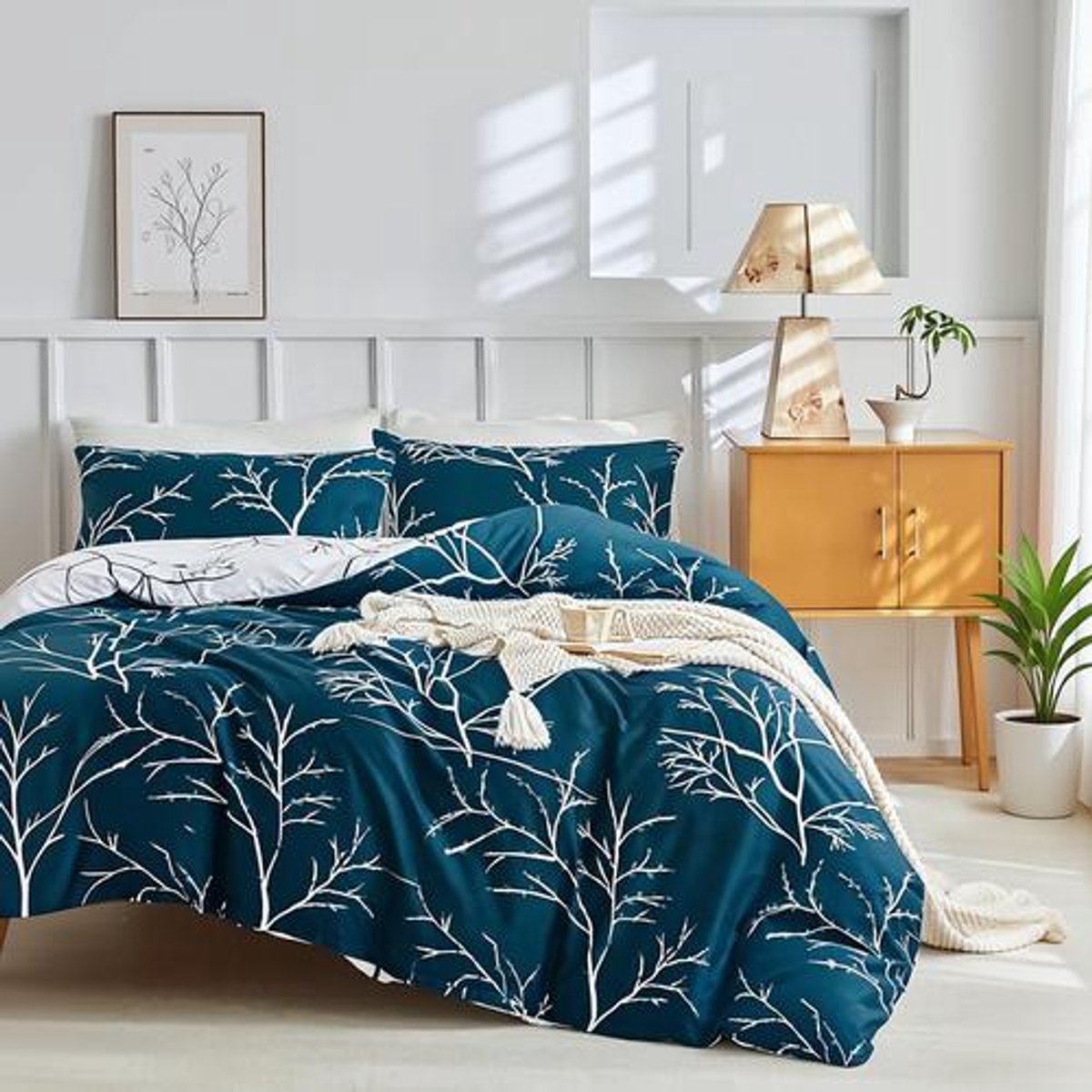 Beddengoedset voor tweepersoonsbed, 3-delig, microvezel, marineblauw/wit takkenpatroon - Dekbedovertrek 240x220 cm + 2 kussenslopen 50x80 cm - Kreukvrij, hoekbanden, machinewasbaar