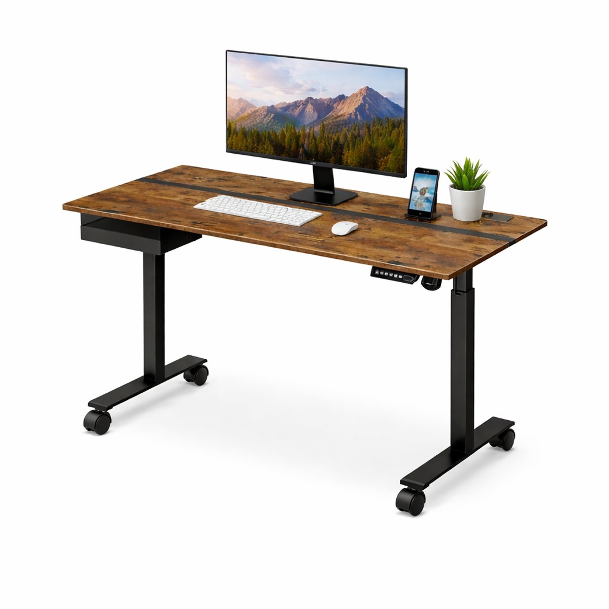 Elektrisch Zit-Sta Bureau 160x70 cm – Verstelbaar Bureau met Geheugenfunctie - Wielen & Haak – Ergonomisch Sta Zit Bureau – Hoogte 72-120 cm – Bruin/Zwart