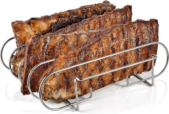 RIB-rek Voor Grill – Roestvrijstalen Ribhouder Voor BBQ En Oven, 31,3x25,3x7,3 Cm, Voor 4 Rekken