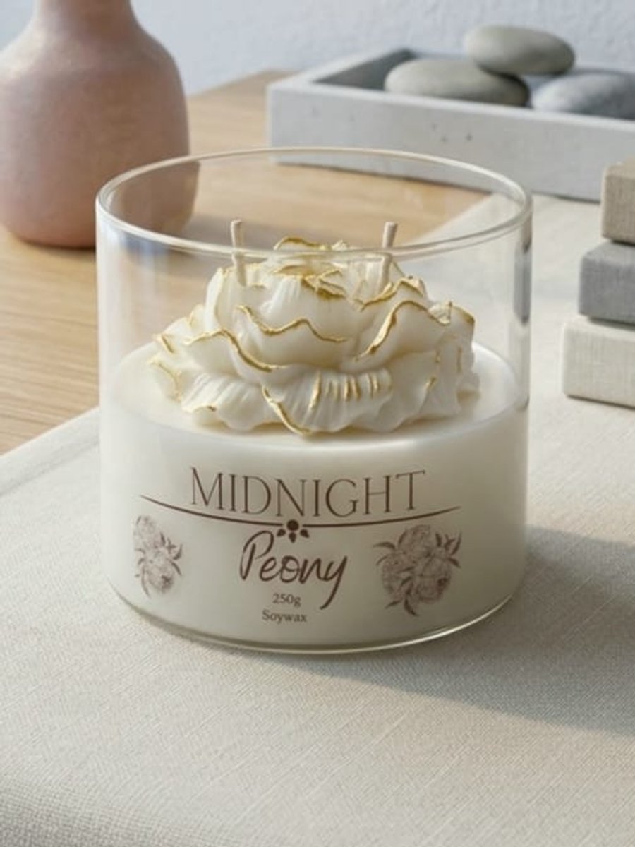 Moederdag - Midnight Peony Geurkaars 250g – Bloemige Geur met Sinaasappelbloesem & Houtnoten – Luxe Kaars in Glas – Wit - Moederdag Cadeau