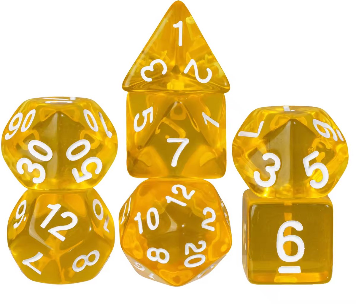 Dobbelstenen Set 7-delig – Transparant Geel D20 D12 D10 D8 D6 D4 – Voor RPG & Tafelspellen