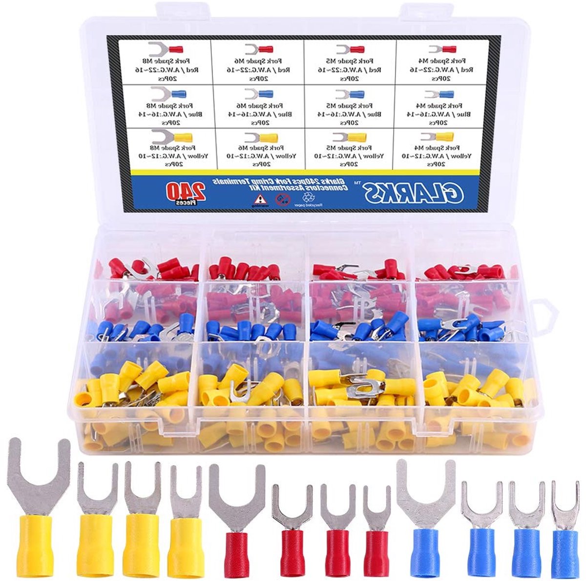 240-delige assortimentsset van fork, spade en quick split crimp terminals voor diverse kabels