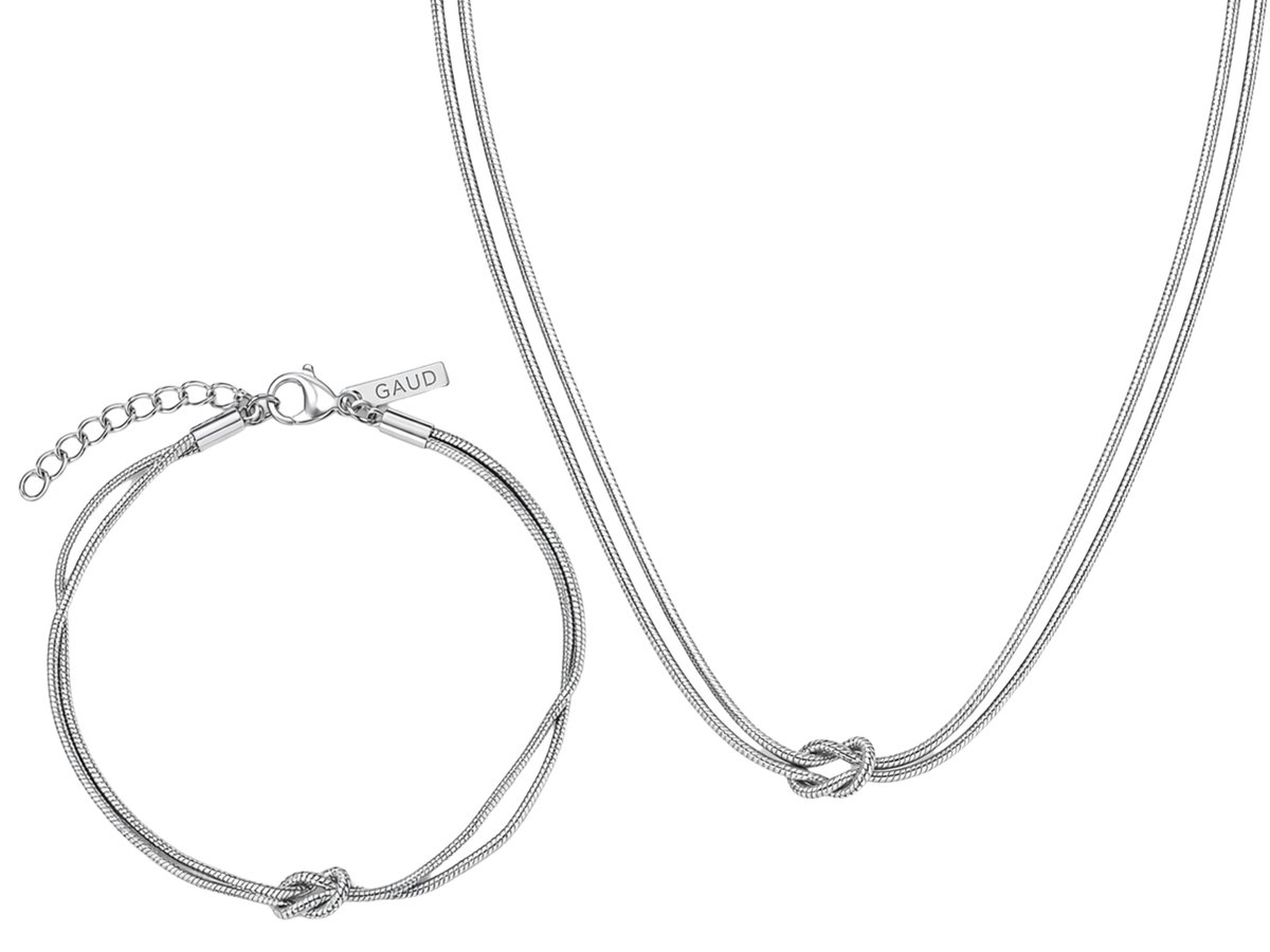 GAUD Sieradenset Zilver – Ketting met Love Knot & Infinity Armband – Stainless Steel – Verstelbaar 15+5 cm en 50+5 cm– Nikkelvrij & Waterbestendig – Cadeau Set Dames en Heren