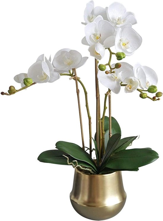 Kunstorchidee in pot - Nep orchidee Kunstplant - Woondecoratie - Met gouden vaas - Bonsai formaat - Wit