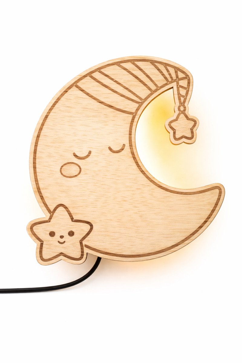 Houten Maan Wandlamp Kinderkamer – Nachtlampje met Warm Licht – Babykamer LED Lamp – Handgemaakt