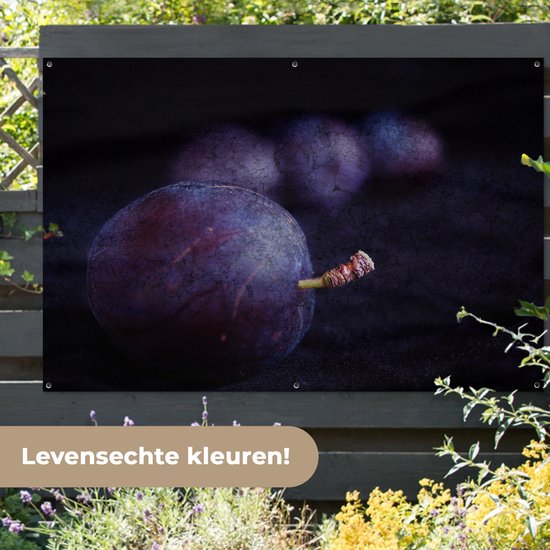 Mystérieuse photo de prunes violettes sur fond noir Affiche de jardin 180x120 cm - Toile de jardin / Toile d'extérieur / Peintures d'extérieur (décoration de jardin) XXL / Groot format!