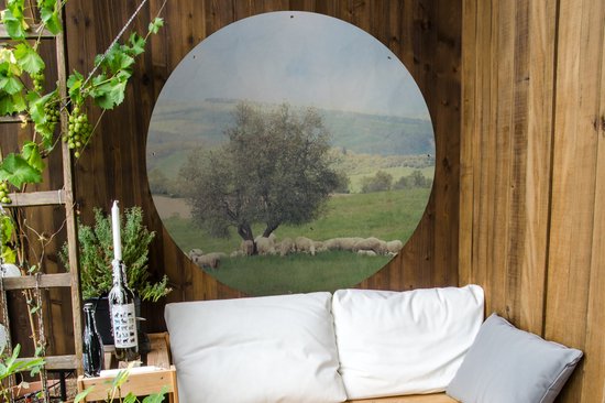 Cercle de jardin Un groupe de moutons près d'un olivier - 120x120 cm - Affiche de jardin ronde - Extérieur XXL / Groot format !