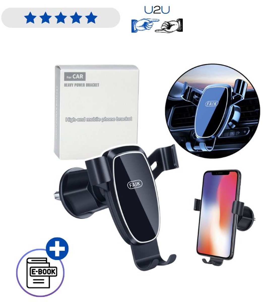 Gravity Auto Telefoonhouder Voor Ventilatierooster 360° Draaibaar Zwart Universeel Met Ebook